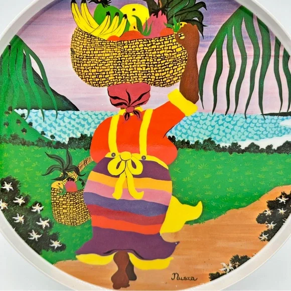 Vintage Nusza Woyda Tropical Melamine Tray 12” Caribbean Island Artist Signed - Picture 1 of 5